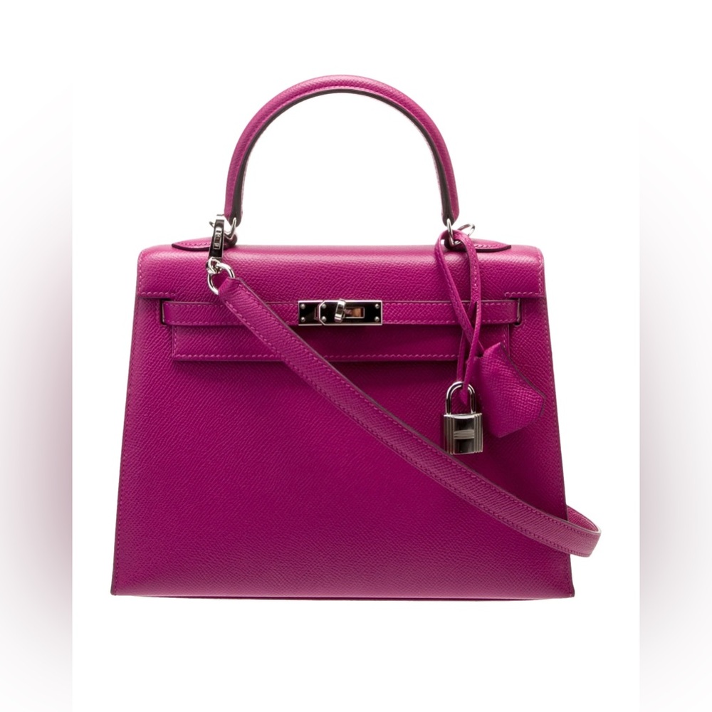 HERMÈS Epsom 25 Kelly II Sellier PHW Rose Pourpre Purple Fuchsia Pink Bag EUC
